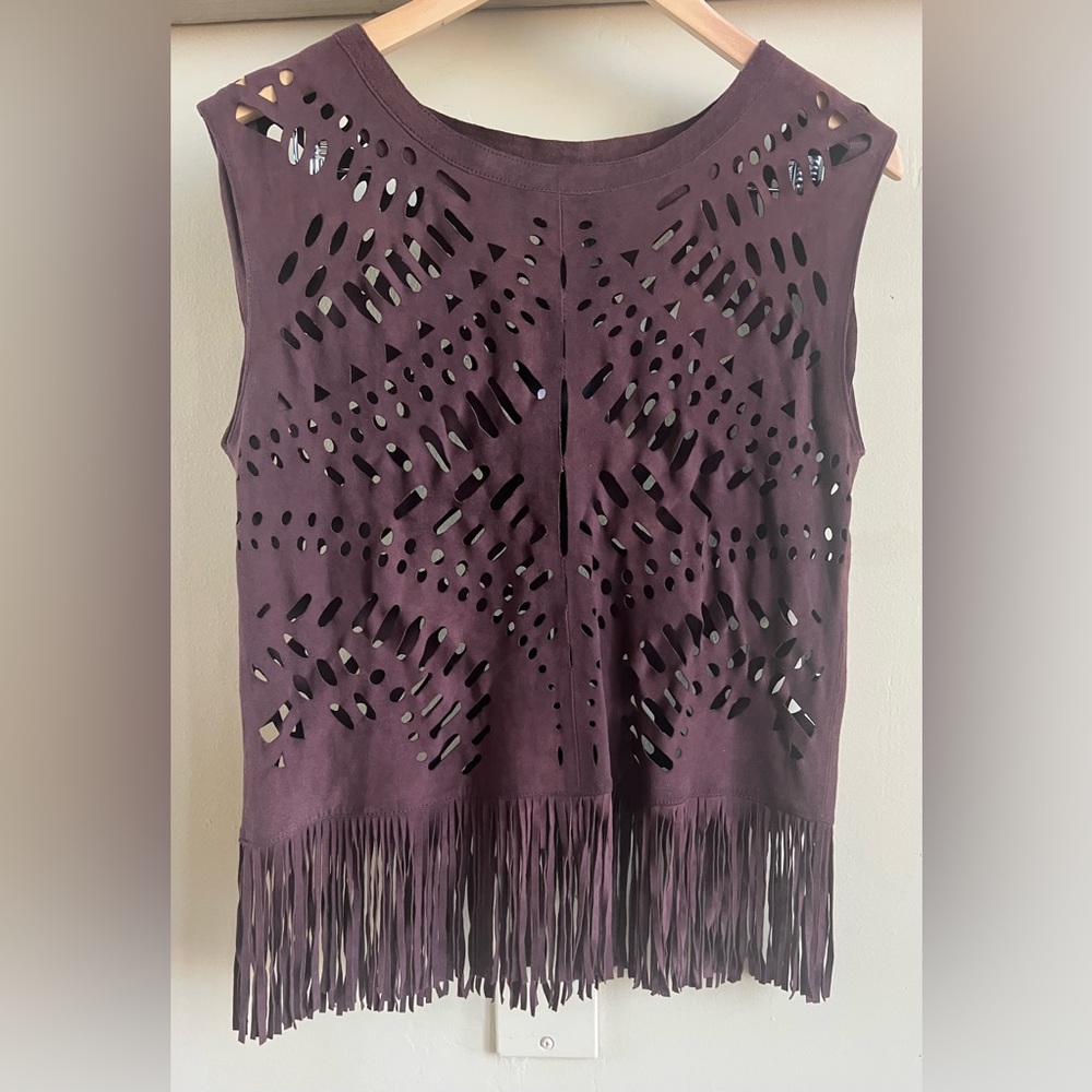 $363 MLV Maison La Vie Suede Laser Cut Fringe Tank Top Mulberry XS NWT
